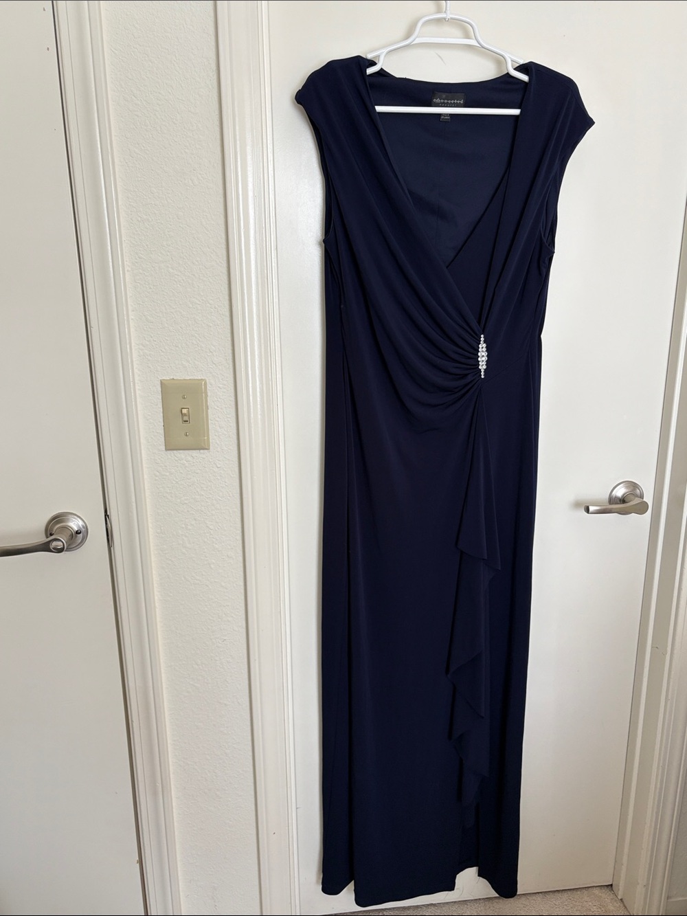 Connected Apparel Navy Blue Ruched Faux Wrap Gown - Size 14